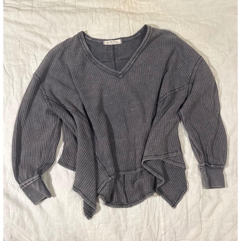 Free People We The Free Coraline Thermal Charcoal Grey Waffle Knit Oversized Sm
